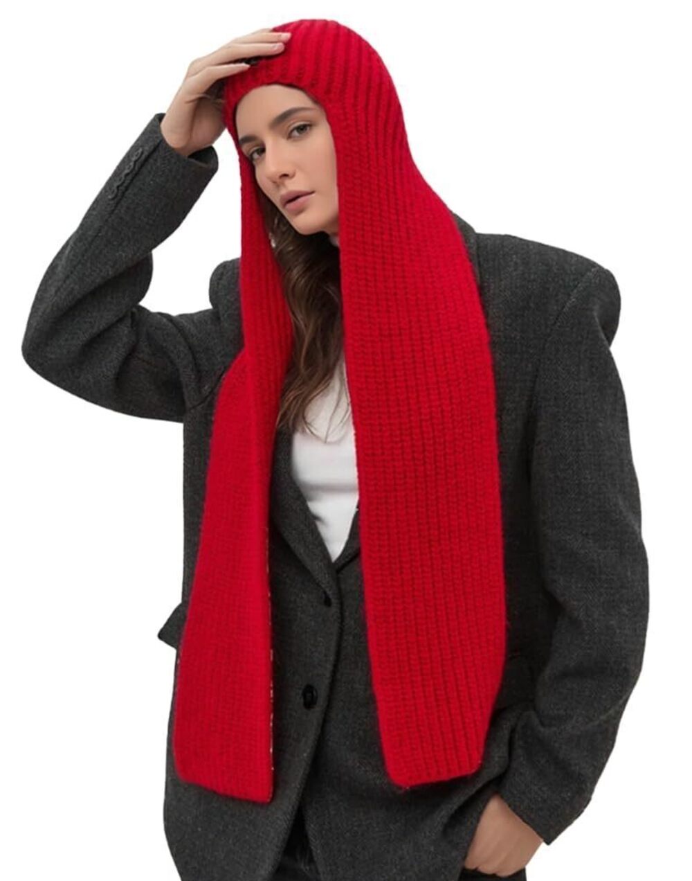 5752 Fuzzy Knit Balaclava Hood Hat Scarf 2 in 1 Hooded Scarf Winter Beanie